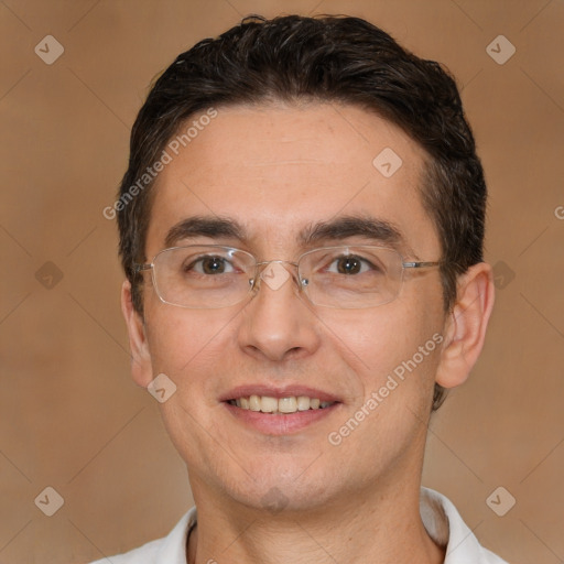 Joyful white adult male with short  brown hair and brown eyes