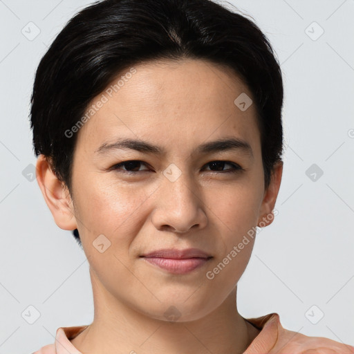 Joyful white young-adult female with short  brown hair and brown eyes