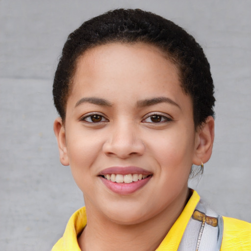Joyful latino young-adult female with short  brown hair and brown eyes