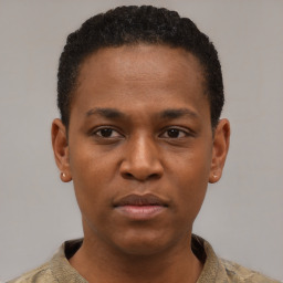 Neutral black young-adult male with short  black hair and brown eyes