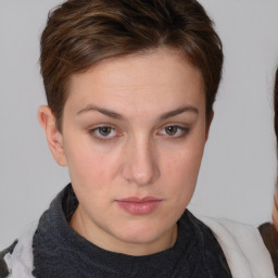 Neutral white young-adult female with short  brown hair and brown eyes