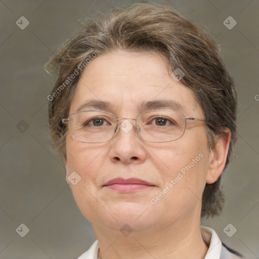 Joyful white adult female with short  brown hair and brown eyes