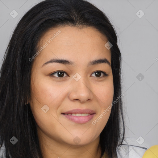 Joyful asian young-adult female with long  brown hair and brown eyes