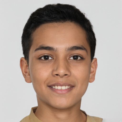 Joyful latino young-adult male with short  brown hair and brown eyes