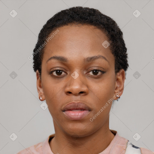 Neutral black young-adult female with short  black hair and brown eyes