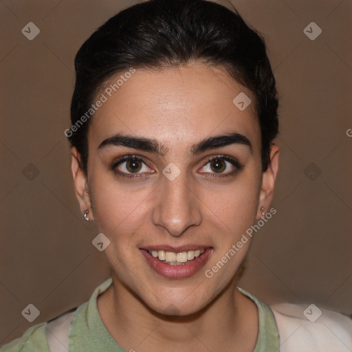 Joyful white young-adult female with short  brown hair and brown eyes