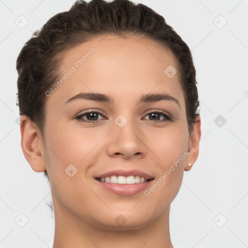 Joyful white young-adult female with short  brown hair and brown eyes