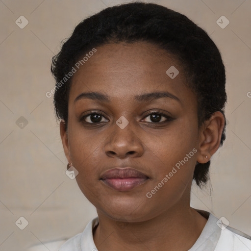 Neutral black young-adult female with short  brown hair and brown eyes