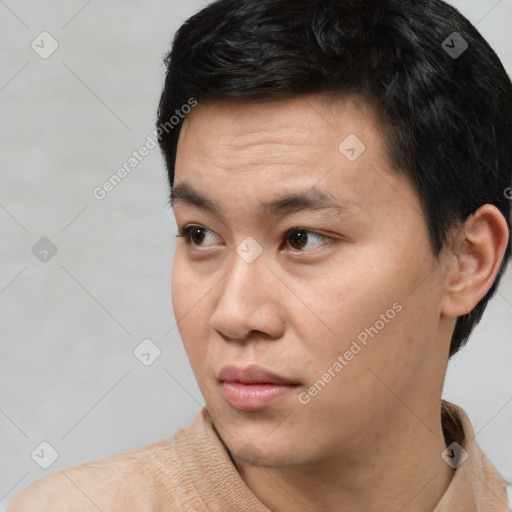 Neutral asian young-adult male with short  black hair and brown eyes