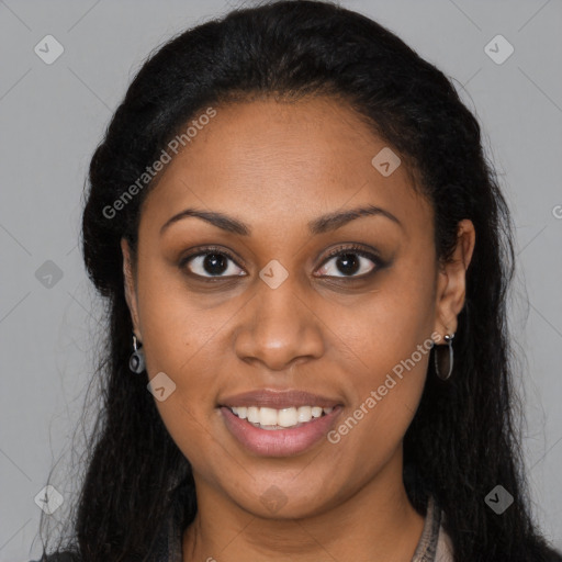 Joyful latino young-adult female with long  brown hair and brown eyes