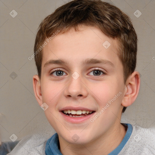 Joyful white child male with short  brown hair and brown eyes