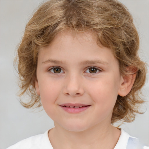 Joyful white child female with medium  brown hair and brown eyes