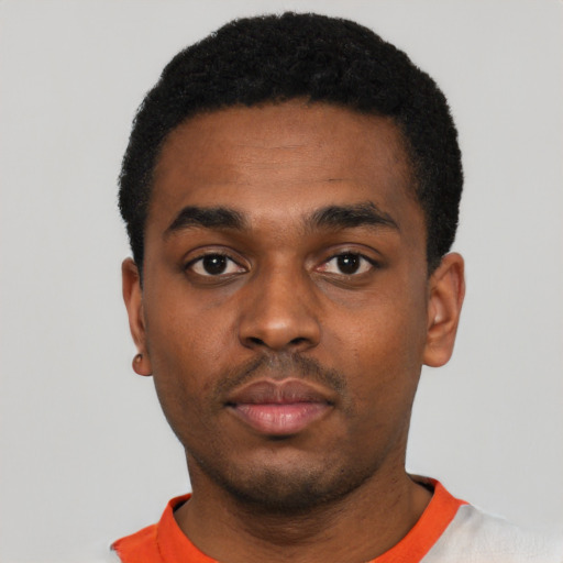 Neutral black young-adult male with short  black hair and brown eyes