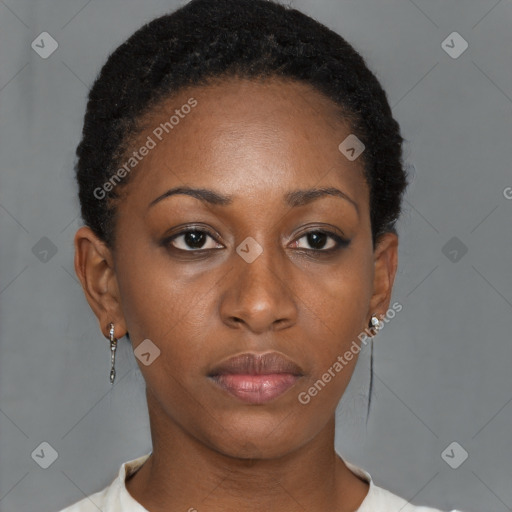 Neutral black young-adult female with short  black hair and brown eyes