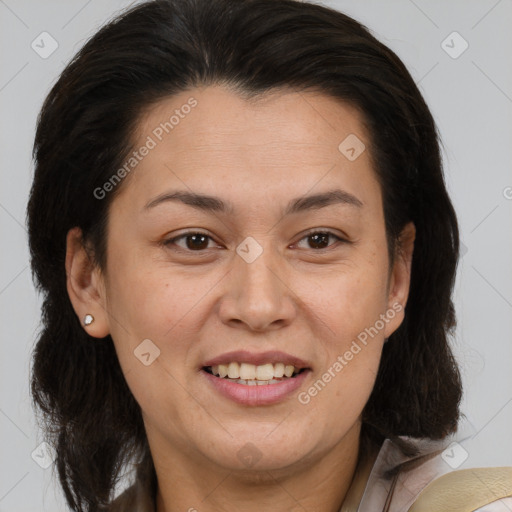 Joyful white adult female with medium  brown hair and brown eyes