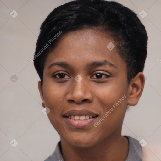 Joyful black young-adult female with short  black hair and brown eyes