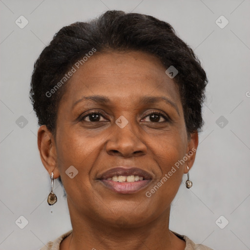 Joyful black adult female with short  brown hair and brown eyes