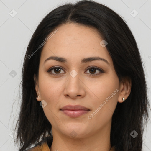 Joyful latino young-adult female with long  brown hair and brown eyes