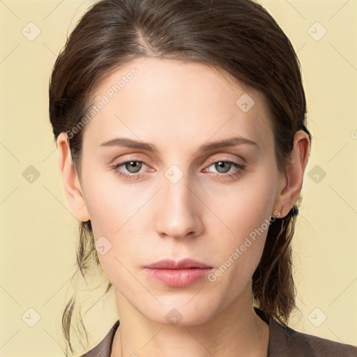 Neutral white young-adult female with medium  brown hair and brown eyes