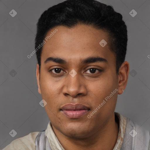 Joyful latino young-adult male with short  black hair and brown eyes