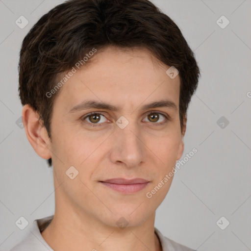 Joyful white young-adult male with short  brown hair and brown eyes