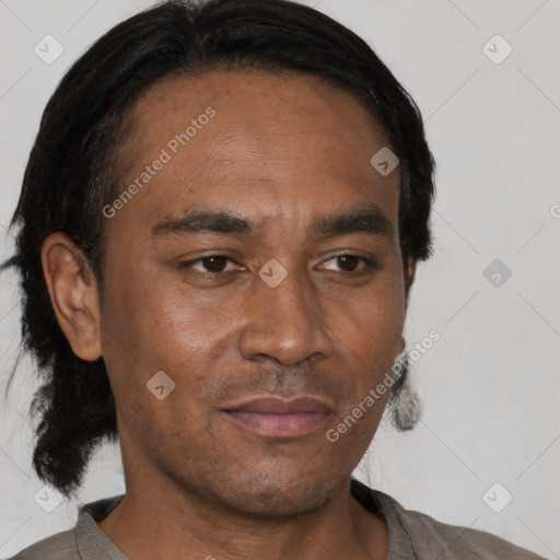 Joyful black adult male with short  black hair and brown eyes