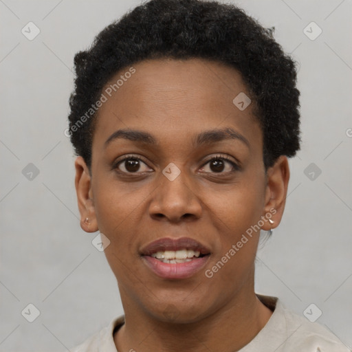 Joyful black young-adult female with short  brown hair and brown eyes