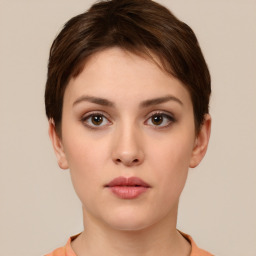 Neutral white young-adult female with short  brown hair and brown eyes