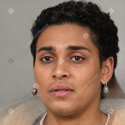 Neutral latino young-adult female with short  black hair and brown eyes
