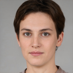 Neutral white young-adult female with short  brown hair and brown eyes