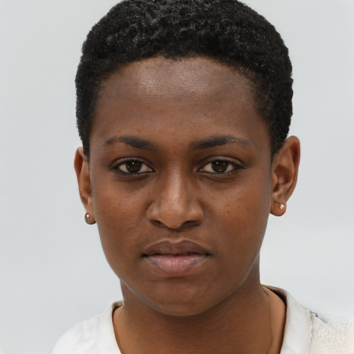 Neutral black young-adult female with short  black hair and brown eyes