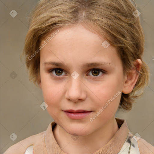 Joyful white child female with medium  brown hair and brown eyes