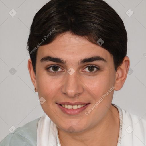 Joyful white young-adult female with medium  brown hair and brown eyes