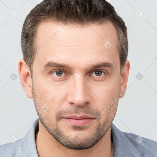 Neutral white young-adult male with short  brown hair and brown eyes