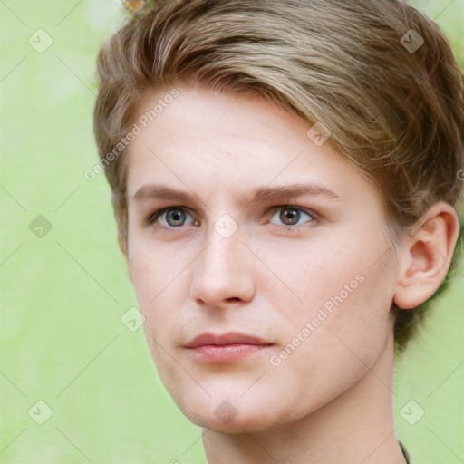 Neutral white young-adult female with short  brown hair and brown eyes