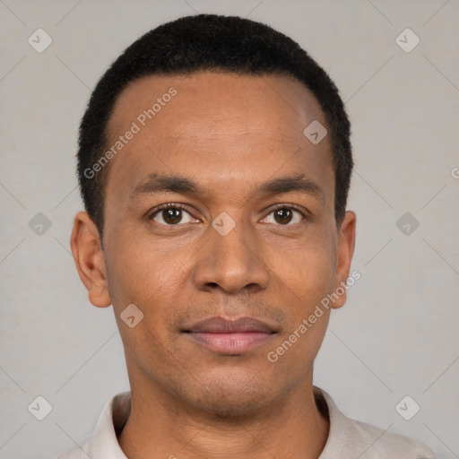 Neutral latino young-adult male with short  black hair and brown eyes