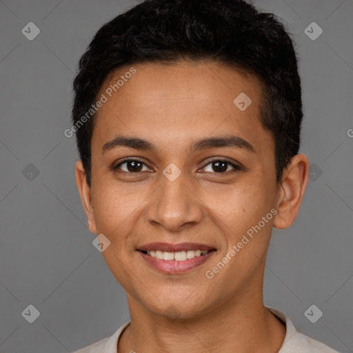 Joyful latino young-adult male with short  brown hair and brown eyes