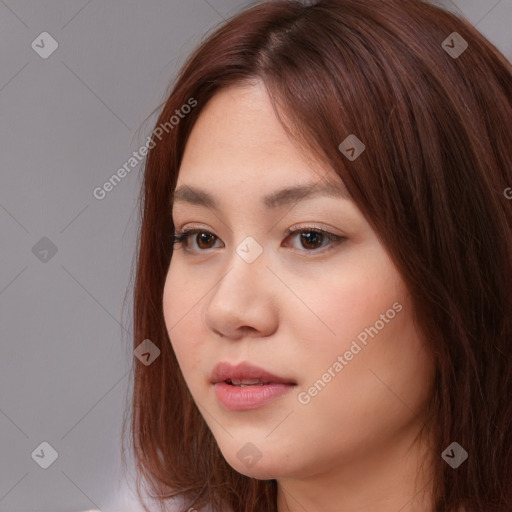 Neutral white young-adult female with long  brown hair and brown eyes