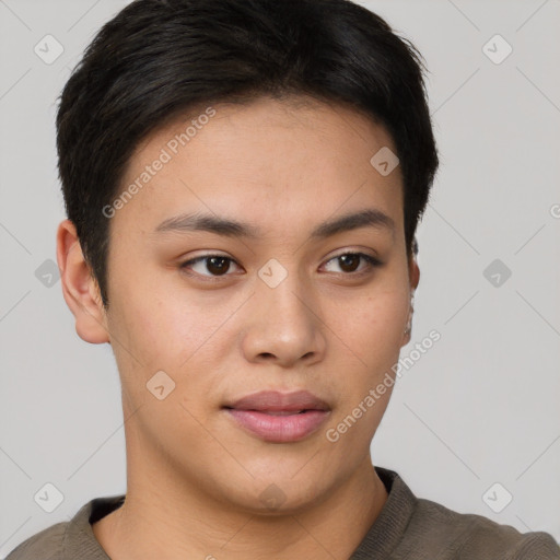 Joyful asian young-adult female with short  brown hair and brown eyes