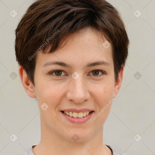 Joyful white young-adult female with short  brown hair and brown eyes