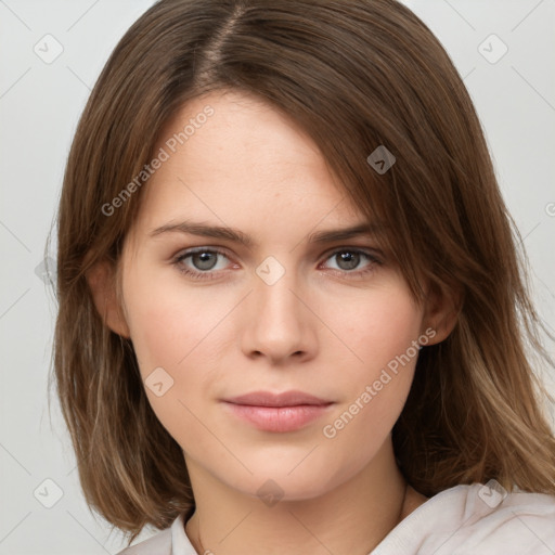 Neutral white young-adult female with medium  brown hair and brown eyes