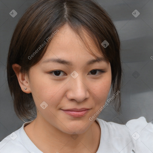 Joyful white child female with medium  brown hair and brown eyes