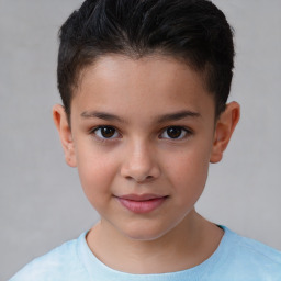 Joyful white child female with short  brown hair and brown eyes