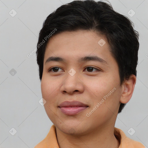 Joyful asian young-adult female with short  brown hair and brown eyes