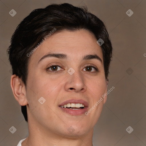 Joyful white young-adult female with short  brown hair and brown eyes