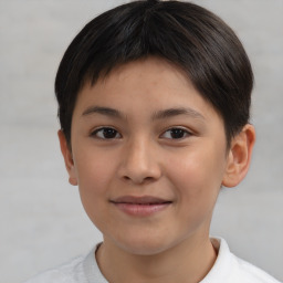 Joyful white child female with short  brown hair and brown eyes