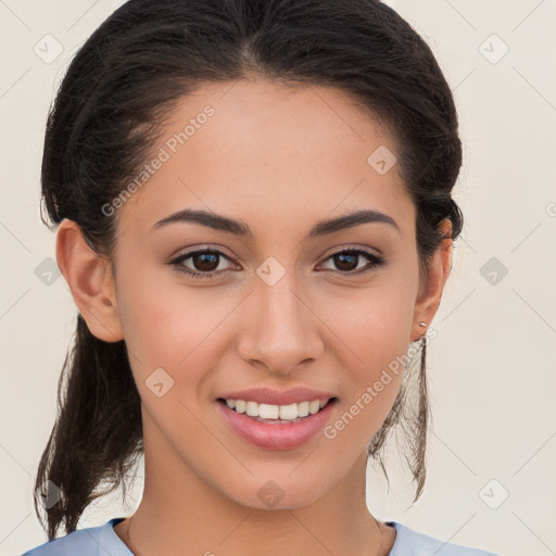 Joyful white young-adult female with medium  brown hair and brown eyes