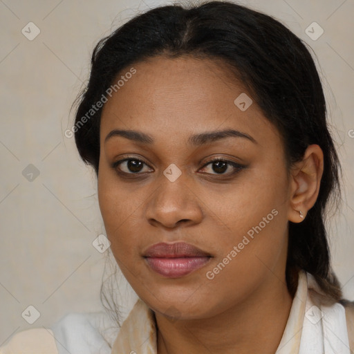 Joyful black young-adult female with medium  brown hair and brown eyes