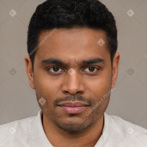 Neutral latino young-adult male with short  black hair and brown eyes