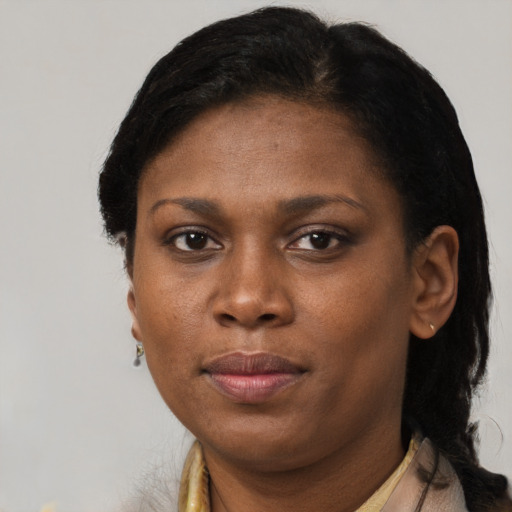 Neutral black adult female with short  brown hair and brown eyes